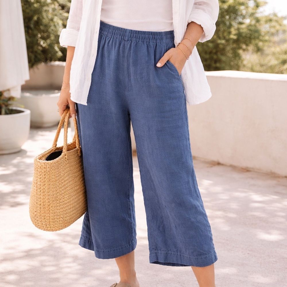 J Jill 100% Linen Pull On Pants Blue Elastic Waist Cropped Wide Leg Relax - Picture 1 of 8